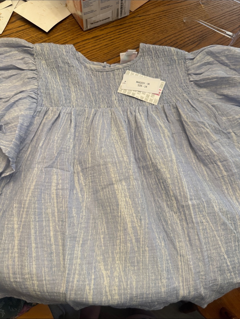 LuLaRoe Light Blue and White Striped Puff Sleeve Top